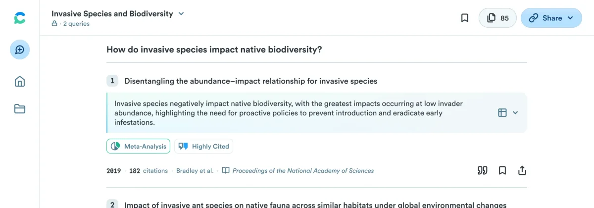 Consensus workspace UI showing research summaries for invasive species with a clean, light-themed interface.