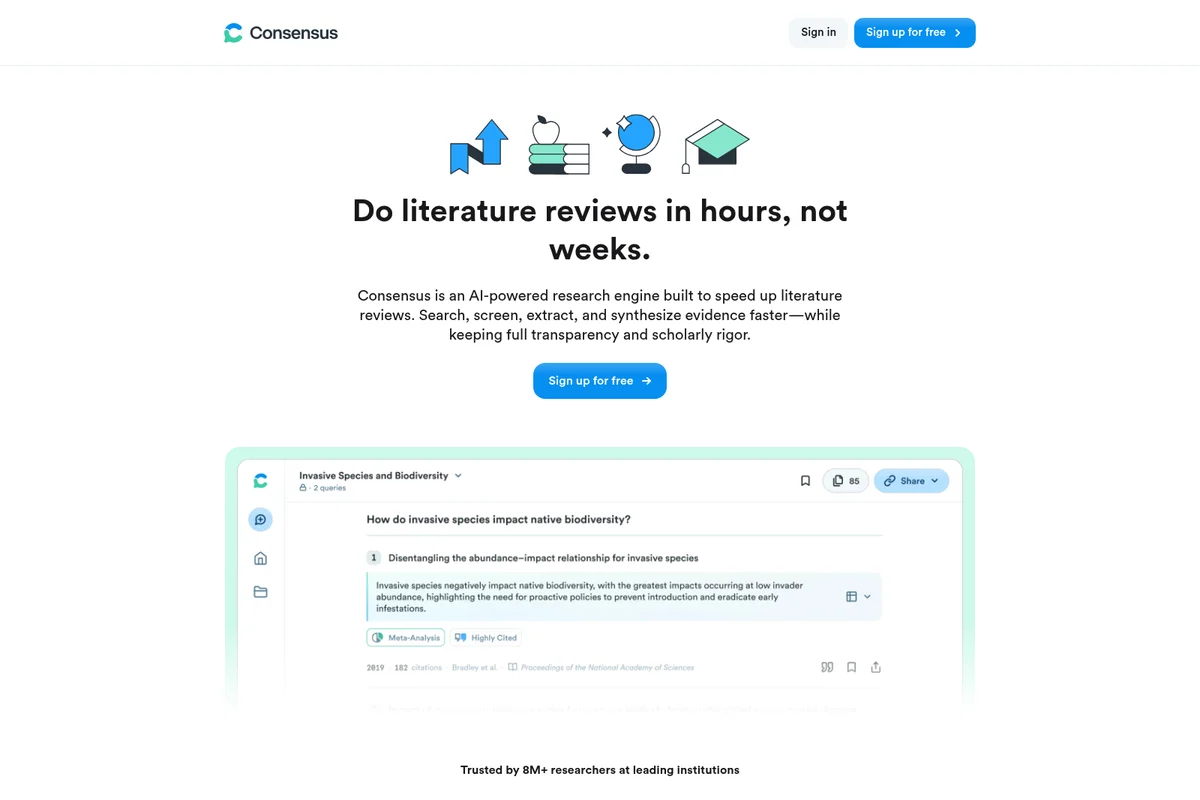Consensus homepage showcasing AI-powered literature review with search results and research summaries in a modern interface.