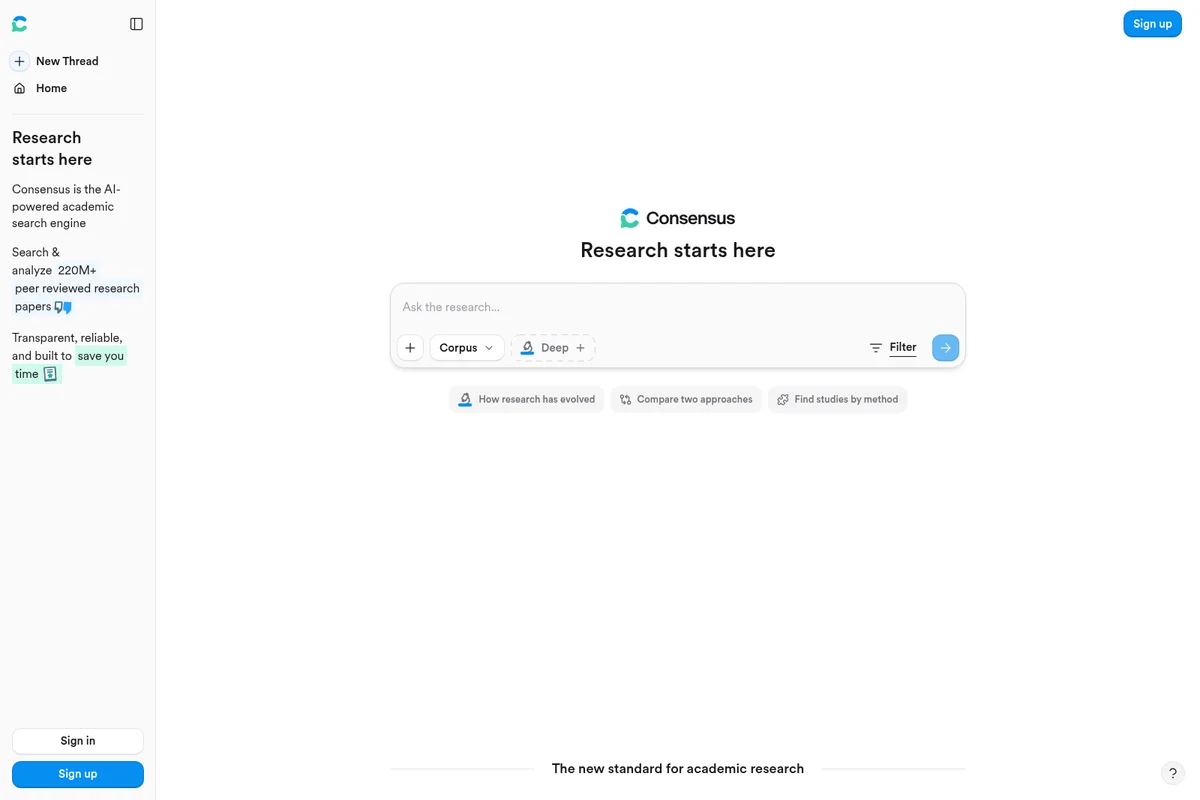 Consensus academic search engine homepage showing a central research prompt, filter options, and a left navigation panel.