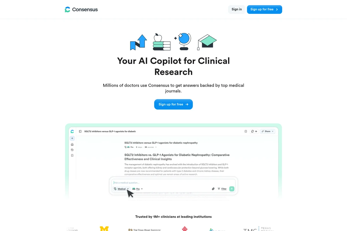 Consensus AI Copilot for Clinical Research showing a medical question being answered with a summarized journal abstract and prompt input field.
