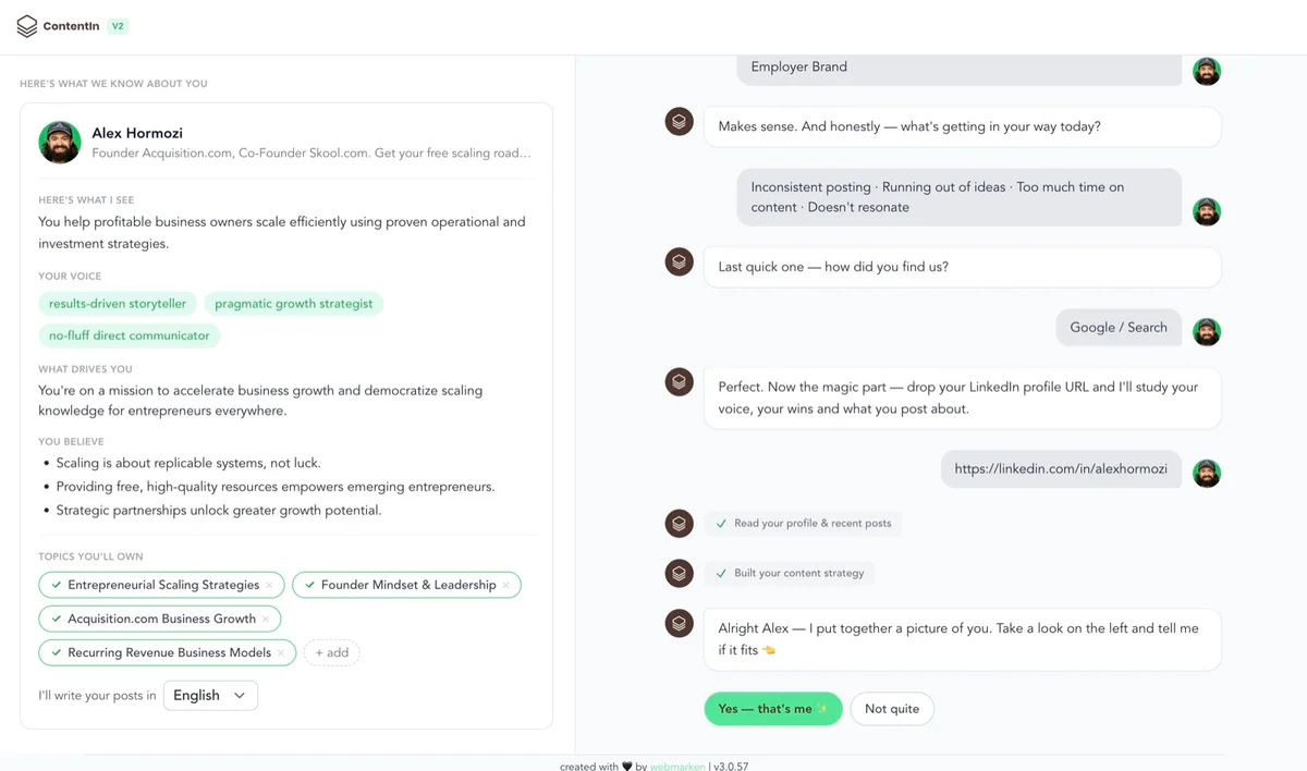 Contentin workspace showing an AI-generated content profile on the left and a conversational input flow on the right.