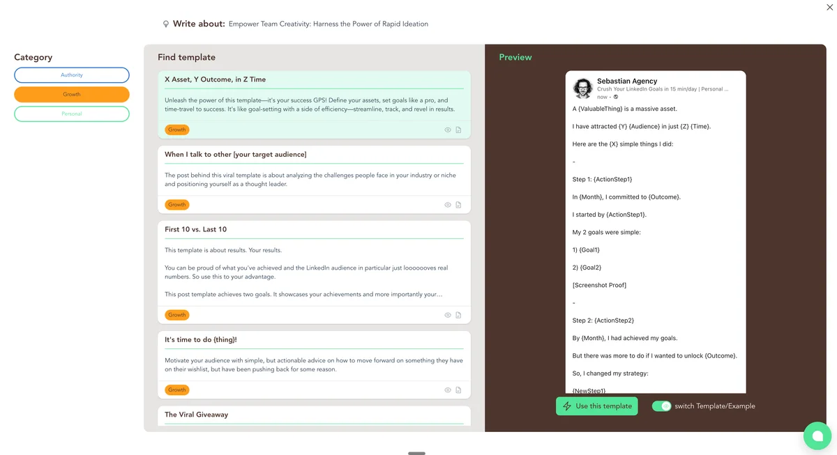 Contentin content template gallery showing template selection and LinkedIn post preview in a clean interface.