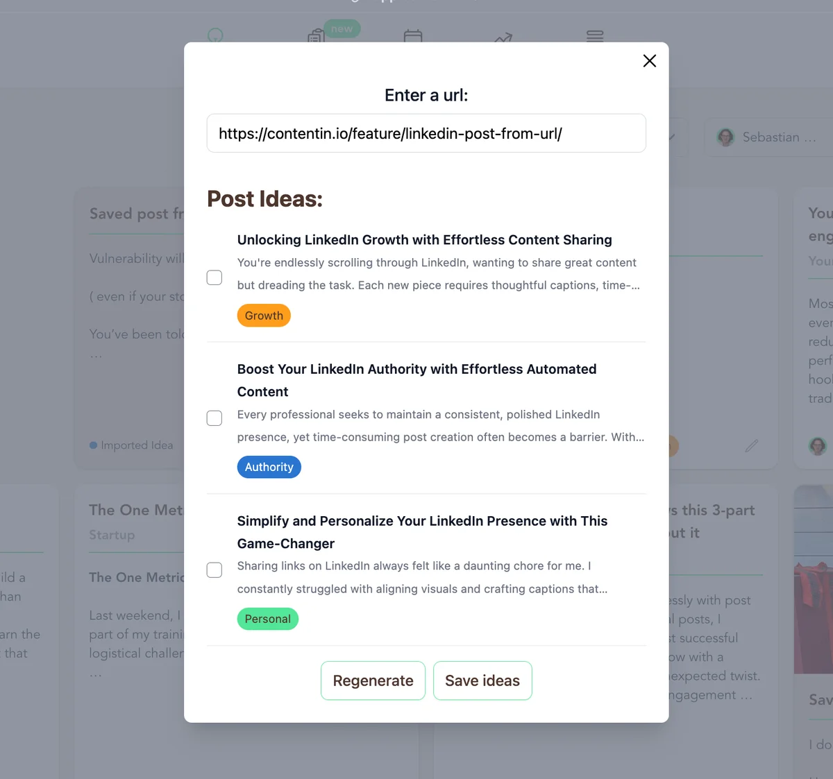 Contentin AI content generation modal showing LinkedIn post ideas generated from a URL with a clean, modern interface.