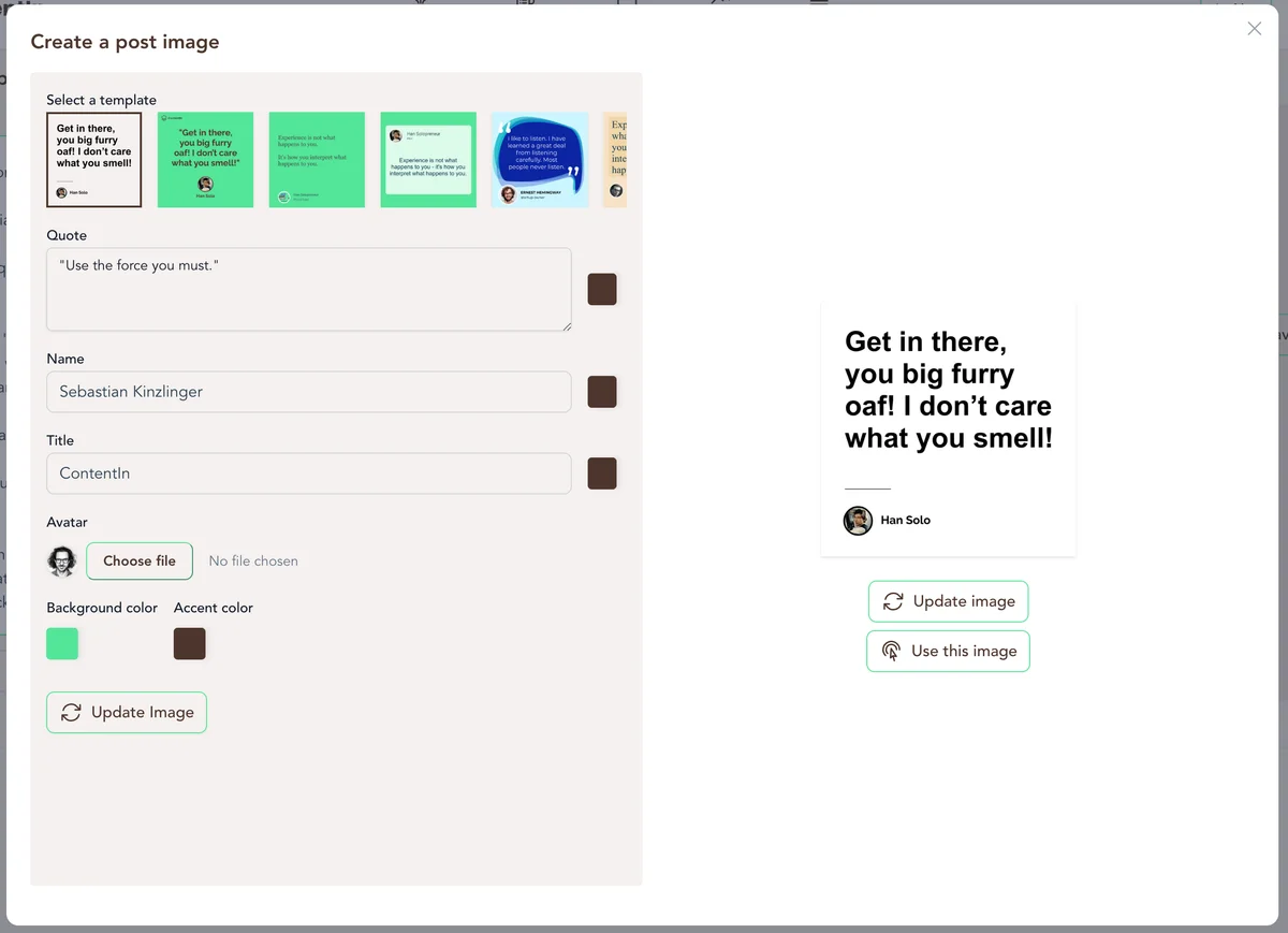 contentin workspace UI showing the post image creation interface with a quote editor, template selection, and a live preview in a clean, light-themed design.