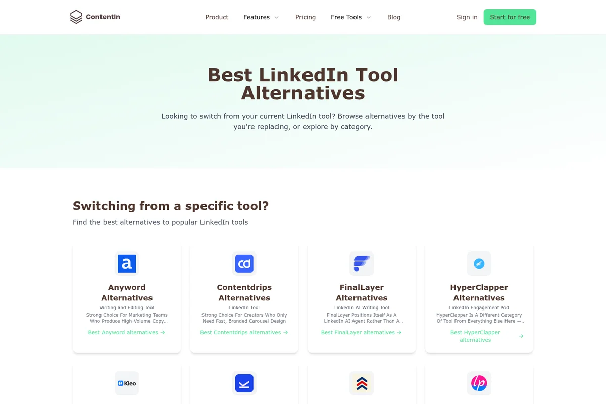 Contentin alternatives page displaying LinkedIn tool alternatives with logos and descriptions, light theme interface.