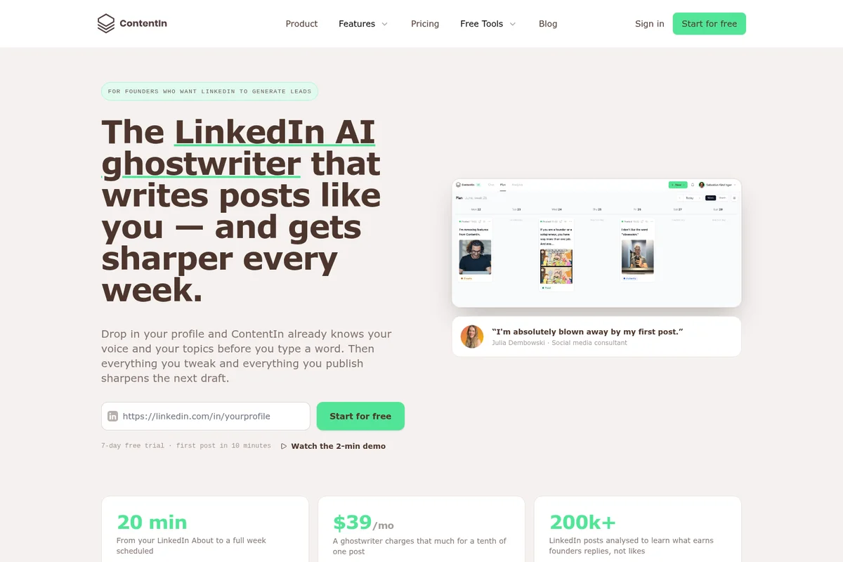 Contentin homepage showing an AI ghostwriter generating LinkedIn posts and a content calendar in a clean modern interface.