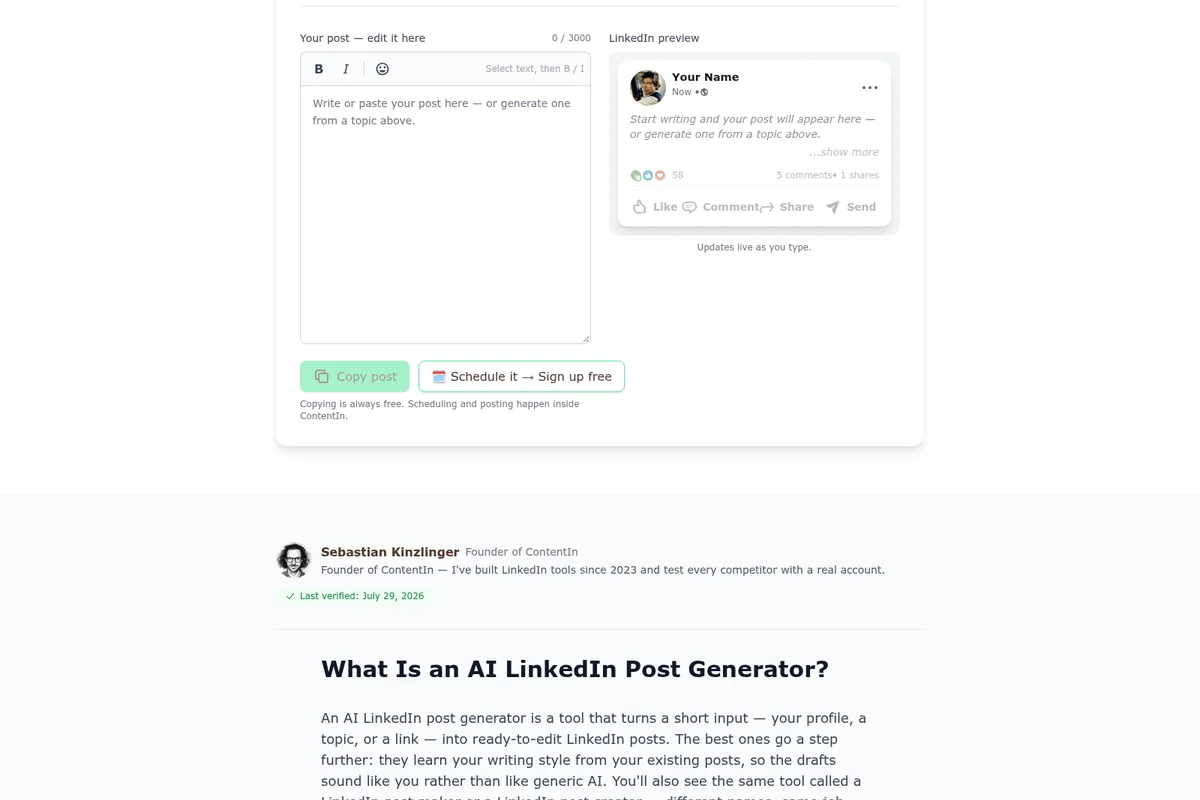 ContentIn AI LinkedIn Post Generator interface displaying a post editor and a live LinkedIn preview on a clean, modern design.
