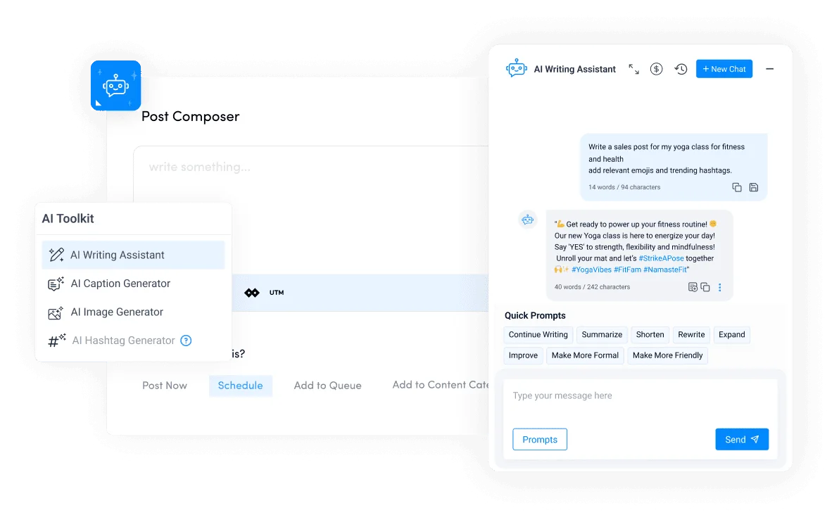Contentstudio AI Writing Assistant workspace showing content generation for a yoga class sales post with a clean, modern interface.