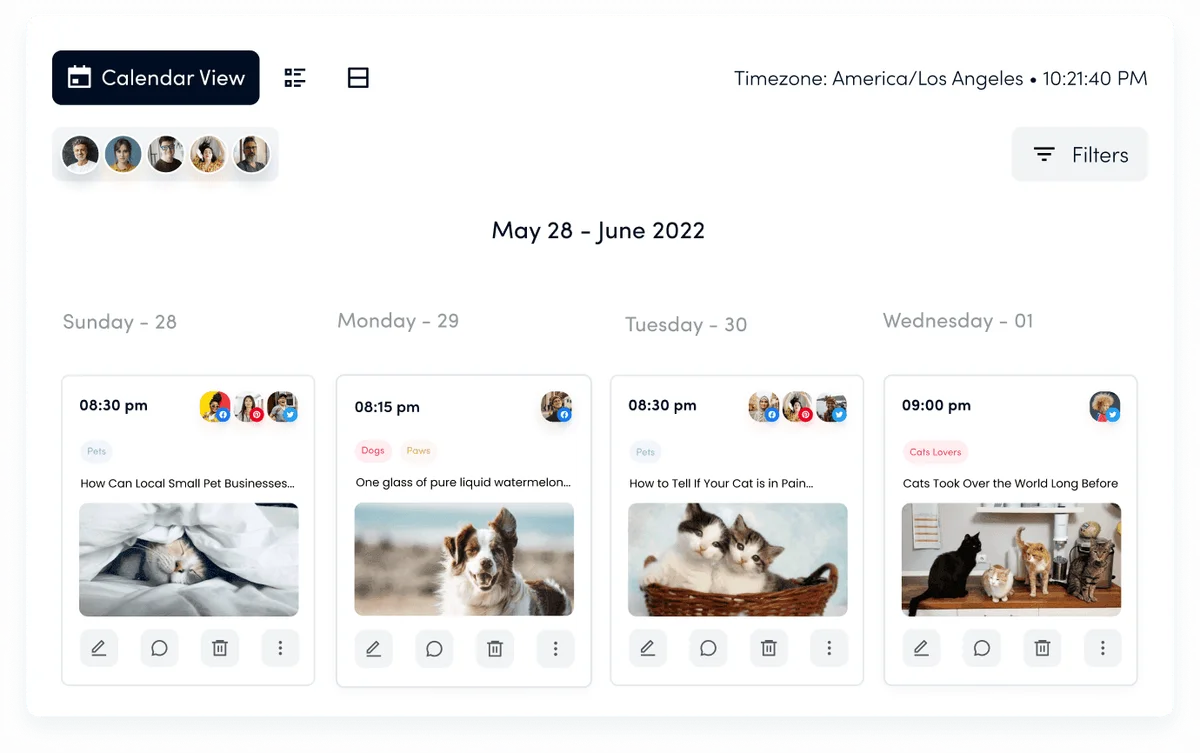 Contentstudio workspace showing a calendar view of scheduled content posts with rich media previews and a clean light theme interface.