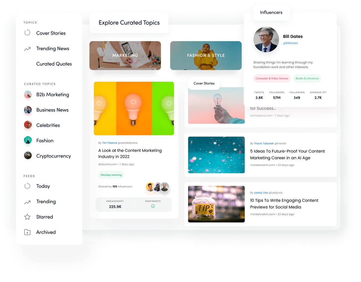 Contentstudio content discovery workspace showing curated topics, trending news, and influencer profiles in a clean, card-based UI.