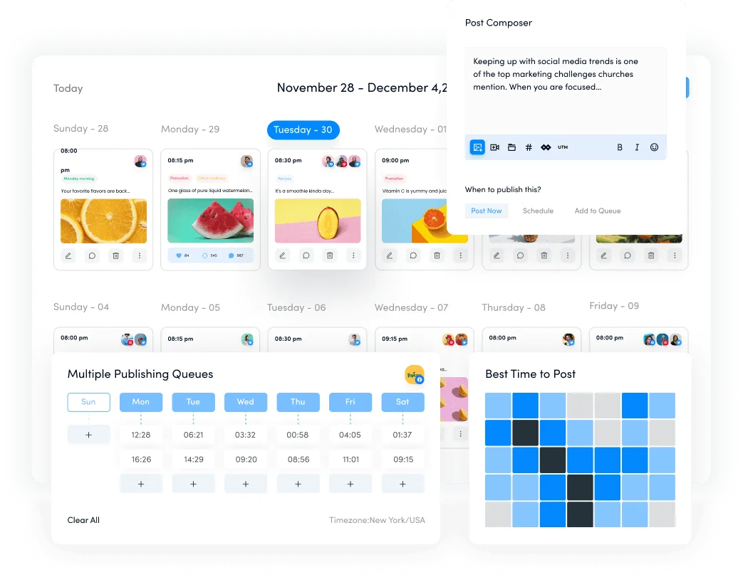 Contentstudio workspace showing a social media content calendar, post composer, and scheduling queues with a clean, modern interface.