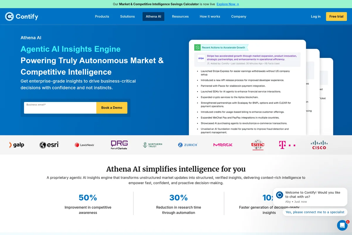 Contify Athena AI landing page showcasing agentic AI insights engine with example competitive intelligence reports in a modern blue and white interface.