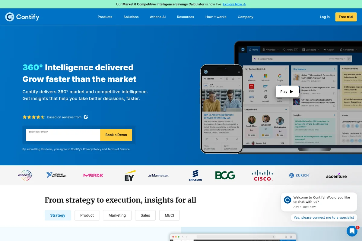Contify homepage hero section displaying market intelligence dashboard on laptop and mobile with a clean, data-rich interface.