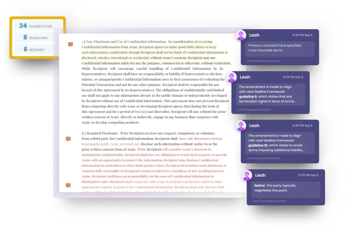 ContractPodAI's contract review UI displaying AI-powered suggestions, guideline adherence, and negotiation insights.