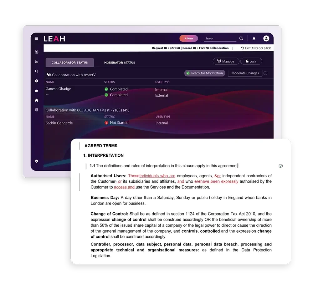 ContractPodAi LEAH workspace showing collaboration status management and an overlaid legal document viewer with a dark-mode UI.