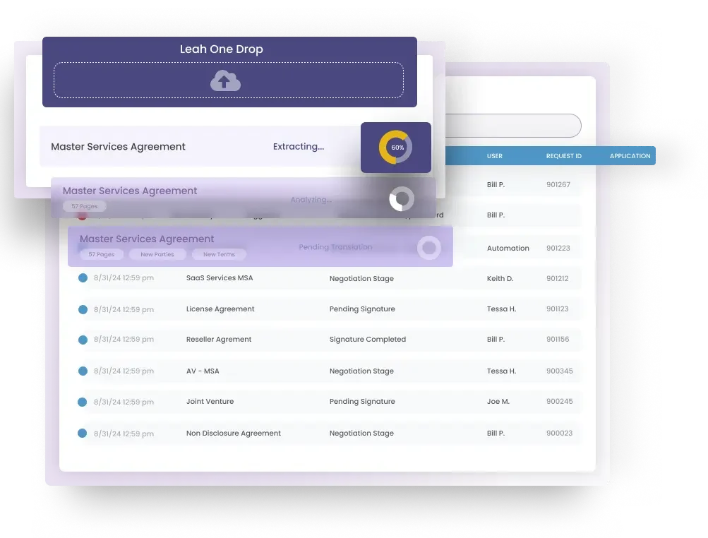 ContractpodAI workspace showing an AI-powered document processing workflow, from upload to extraction and translation, in a clean, modern interface.
