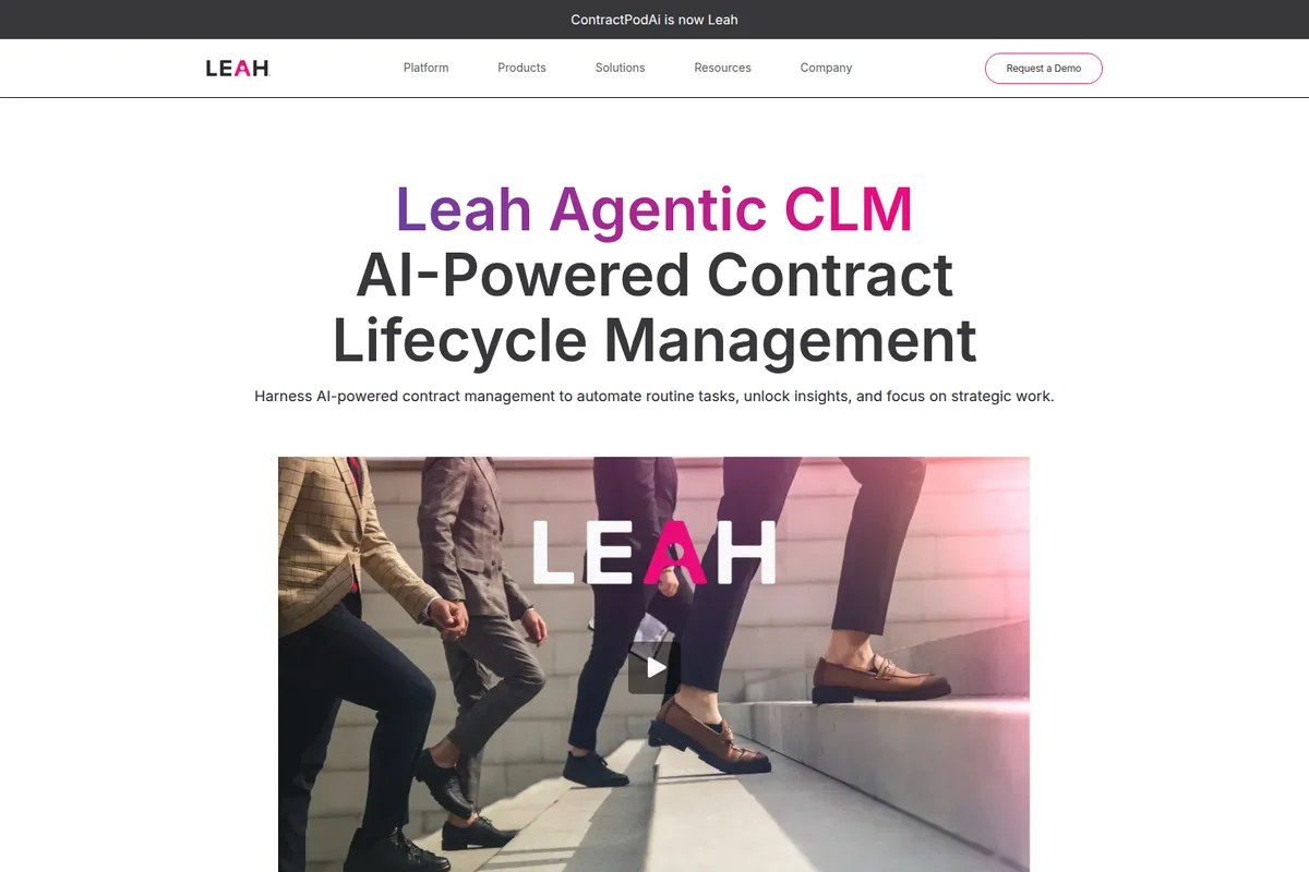Leah Agentic CLM landing page hero introducing AI-powered contract management with a modern design.