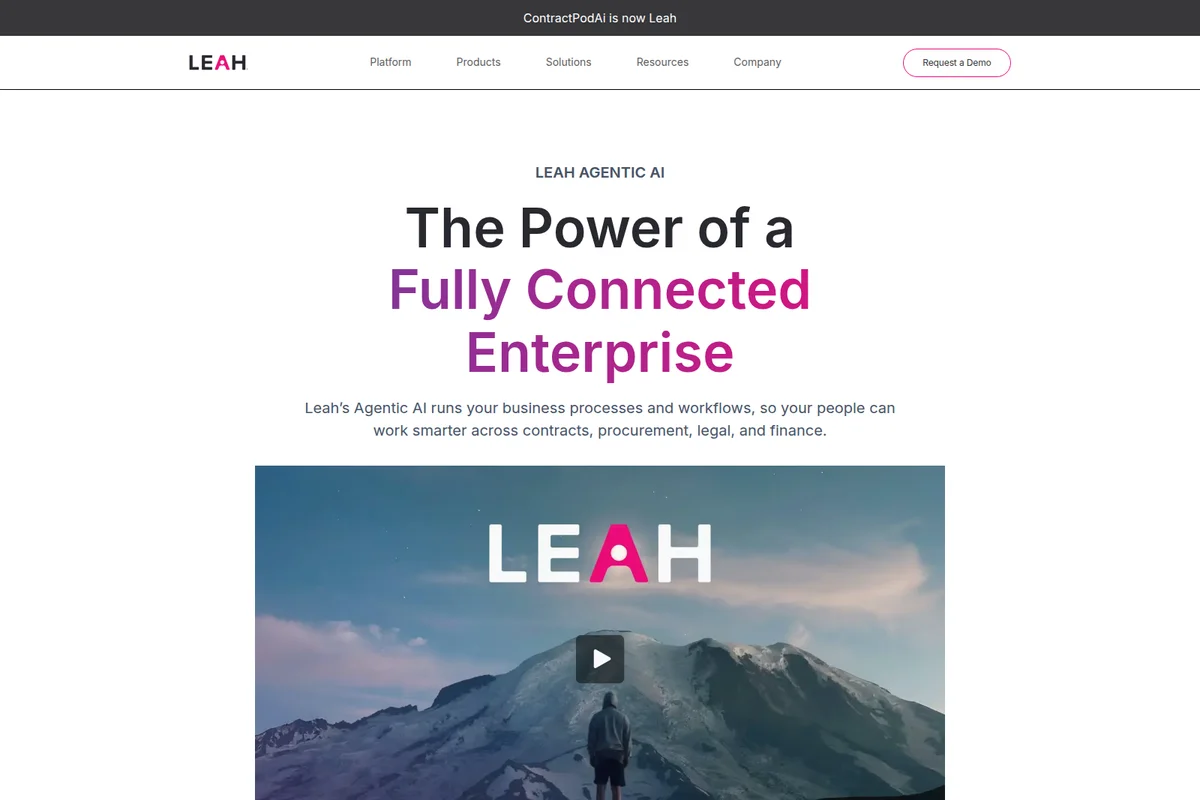 Leah AI homepage hero section showing 'The Power of a Fully Connected Enterprise' headline and product video thumbnail.