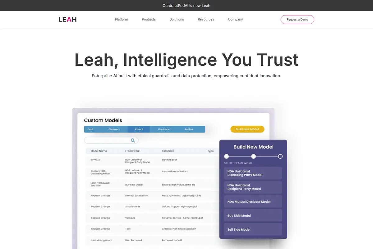 Leah Custom Models workspace showing the process of building new contract models with a clean, light-themed interface.