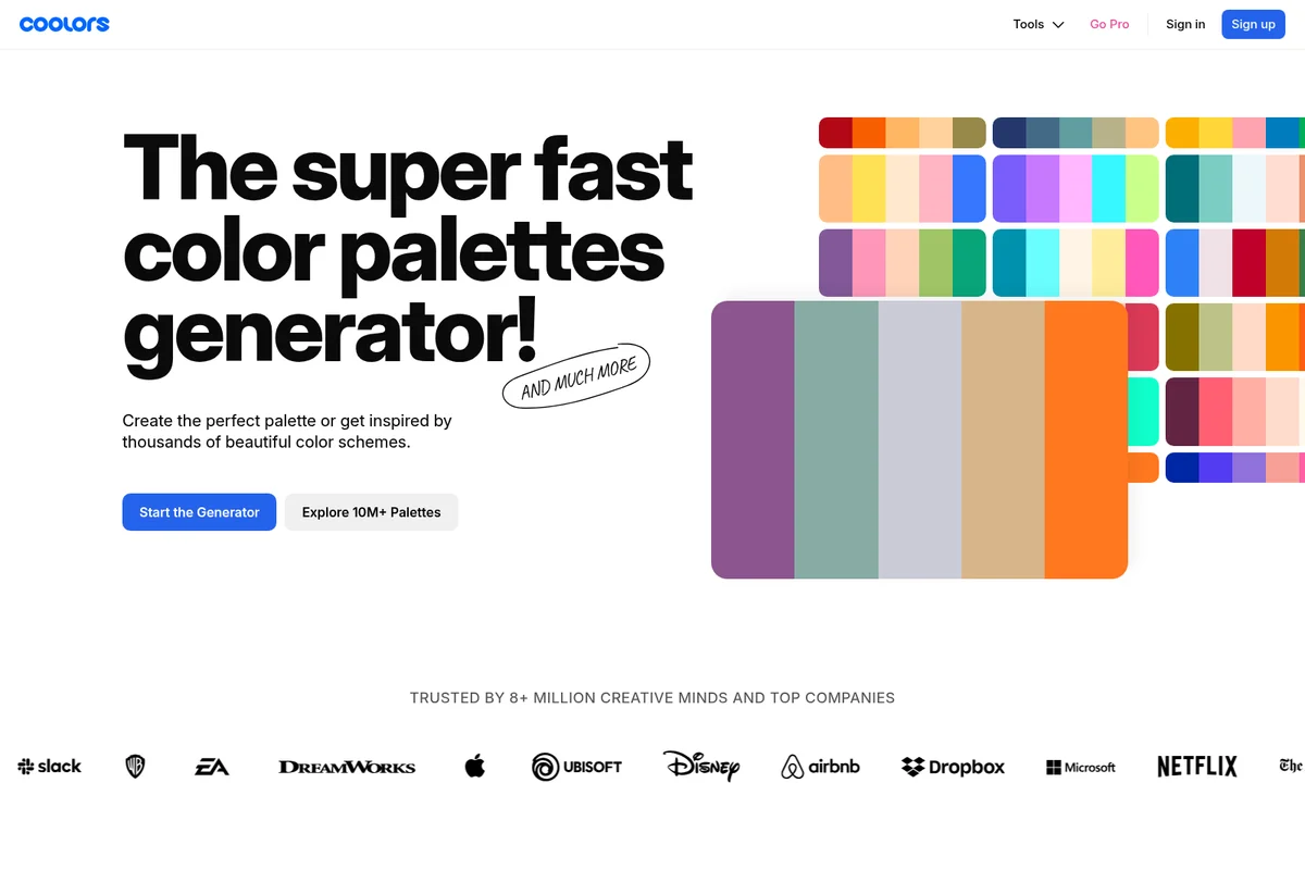 Coolors homepage showing the super fast color palettes generator with a clean and vibrant interface.