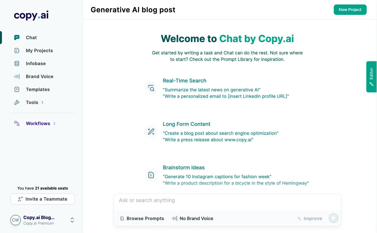 Copy.ai Chat workspace showing suggested prompts for real-time search, long-form content, and brainstorming ideas with a clean, minimalist interface.