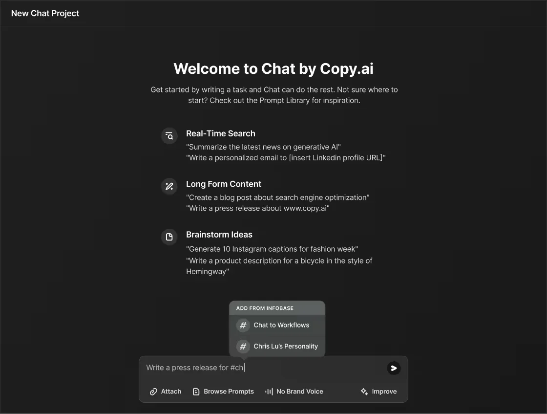 Copy.ai workspace UI showing an active chat prompt with a dynamic suggestion menu and feature examples in a dark-mode interface.