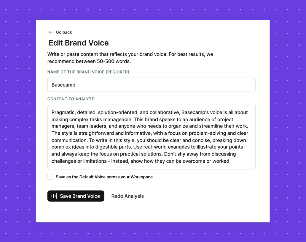 Copy.ai brand voice editor showing a detailed description of Basecamp's voice with a clean, modern interface.
