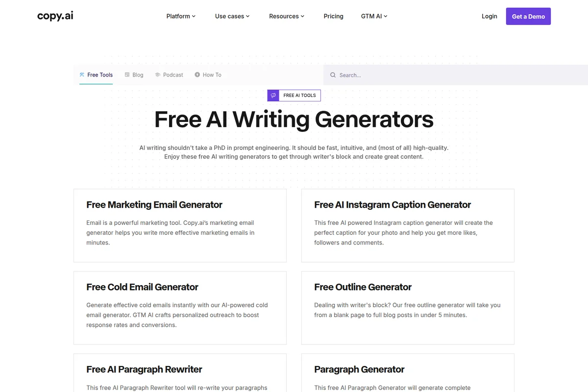 copy.ai tools page showcasing free AI writing generators with a clean, grid-based layout and brief descriptions.