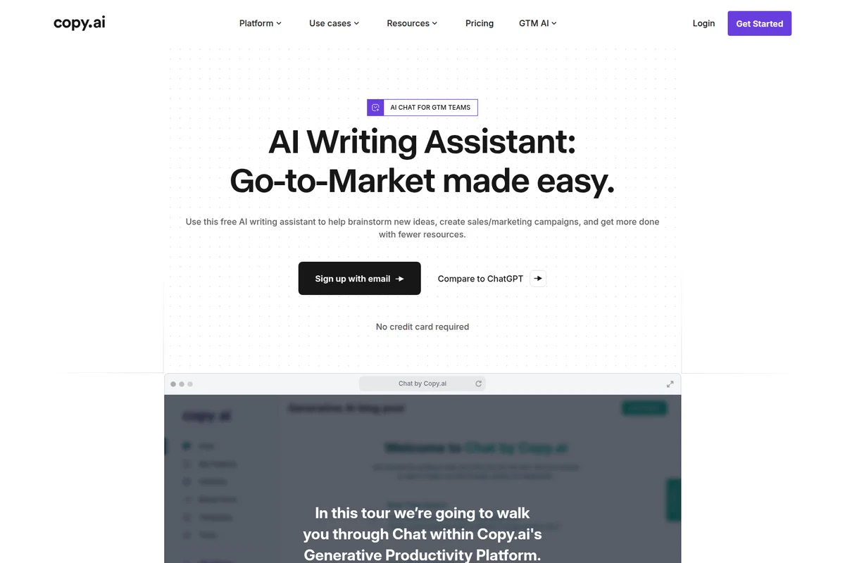 Copy.ai landing page hero section highlighting AI writing assistant for go-to-market teams, with a preview of its chat interface below.