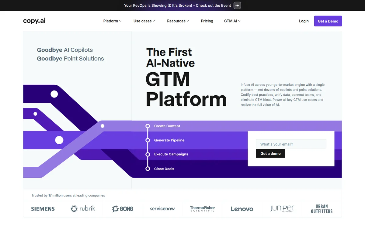 copy.ai homepage hero displaying 'The First AI-Native GTM Platform' headline, a marketing workflow graphic illustrating content to deals, and a clean interface.