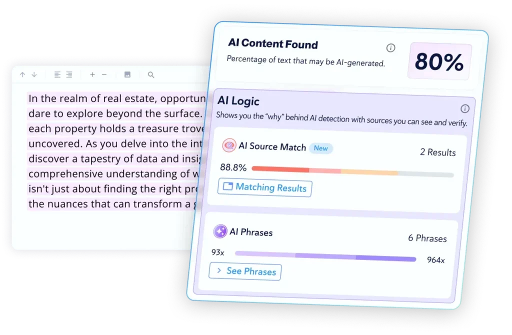 Copyleaks AI detection report showing AI-generated content percentage and detailed logic in a clean, modern interface.