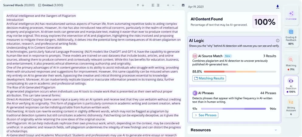 Copyleaks workspace showing a document analyzed for AI content and plagiarism, displaying 100% AI detection with detailed logic.