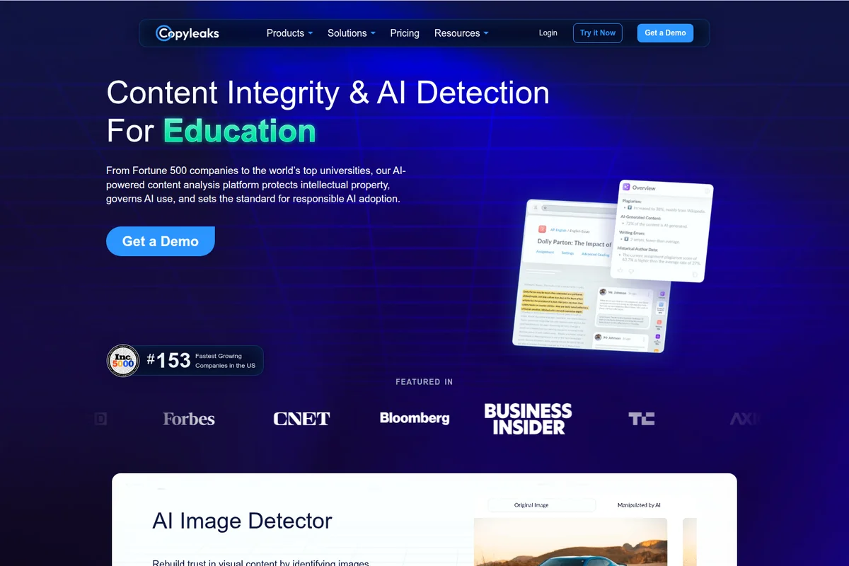 Copyleaks homepage hero section showcasing AI content and plagiarism detection analysis results in a sleek dark-themed interface.