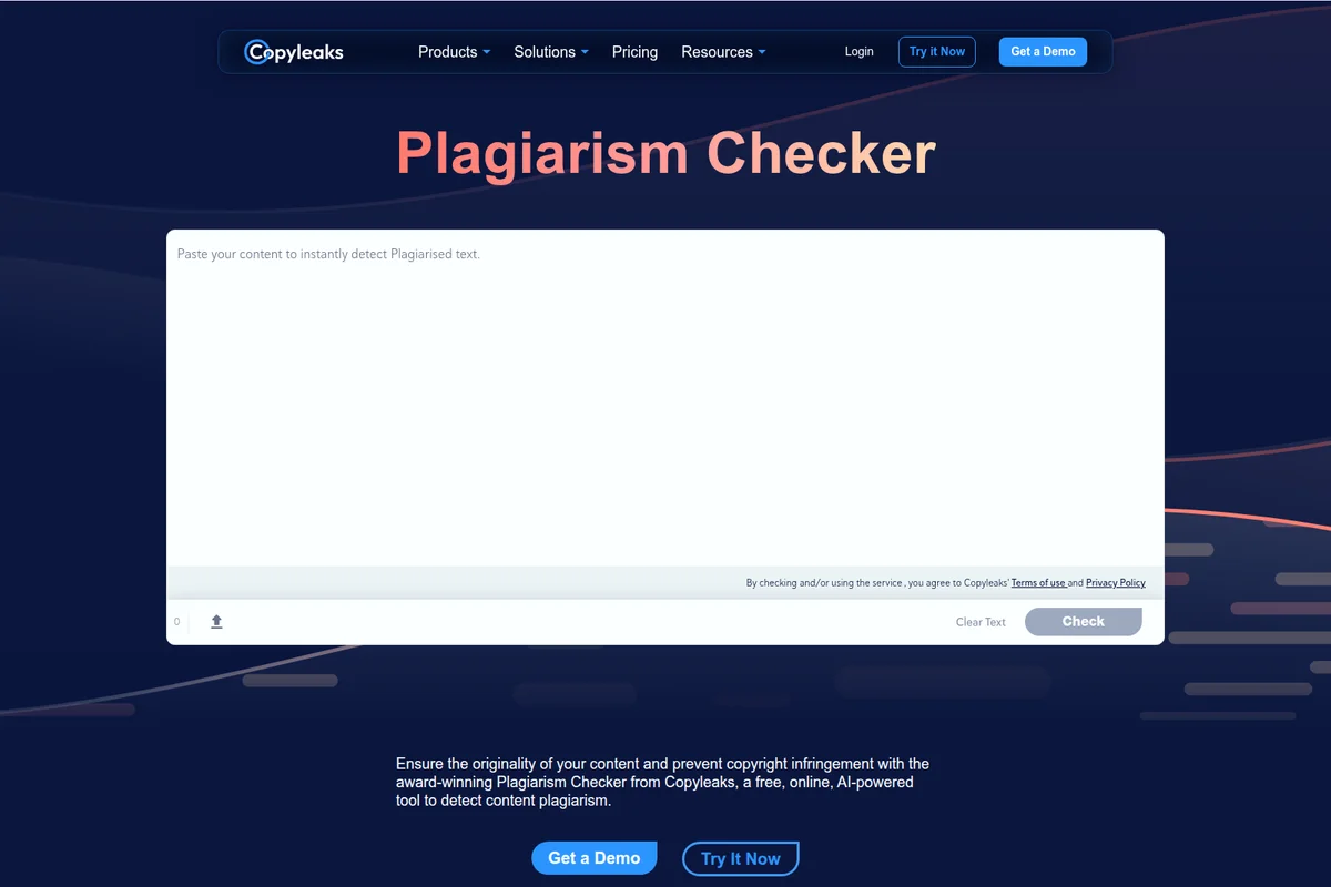 Copyleaks plagiarism checker showing a large text input area to paste content for originality detection with a clean dark-themed interface.