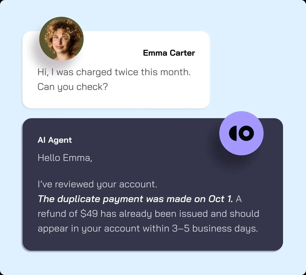 cosupport-ai chat interface displaying an AI agent's resolution of a duplicate payment issue with a clean design.