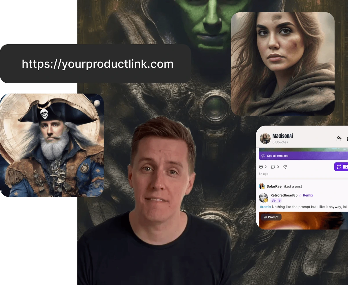 Creatify AI gallery showcasing diverse AI-generated portraits and a social sharing interface for remixes.