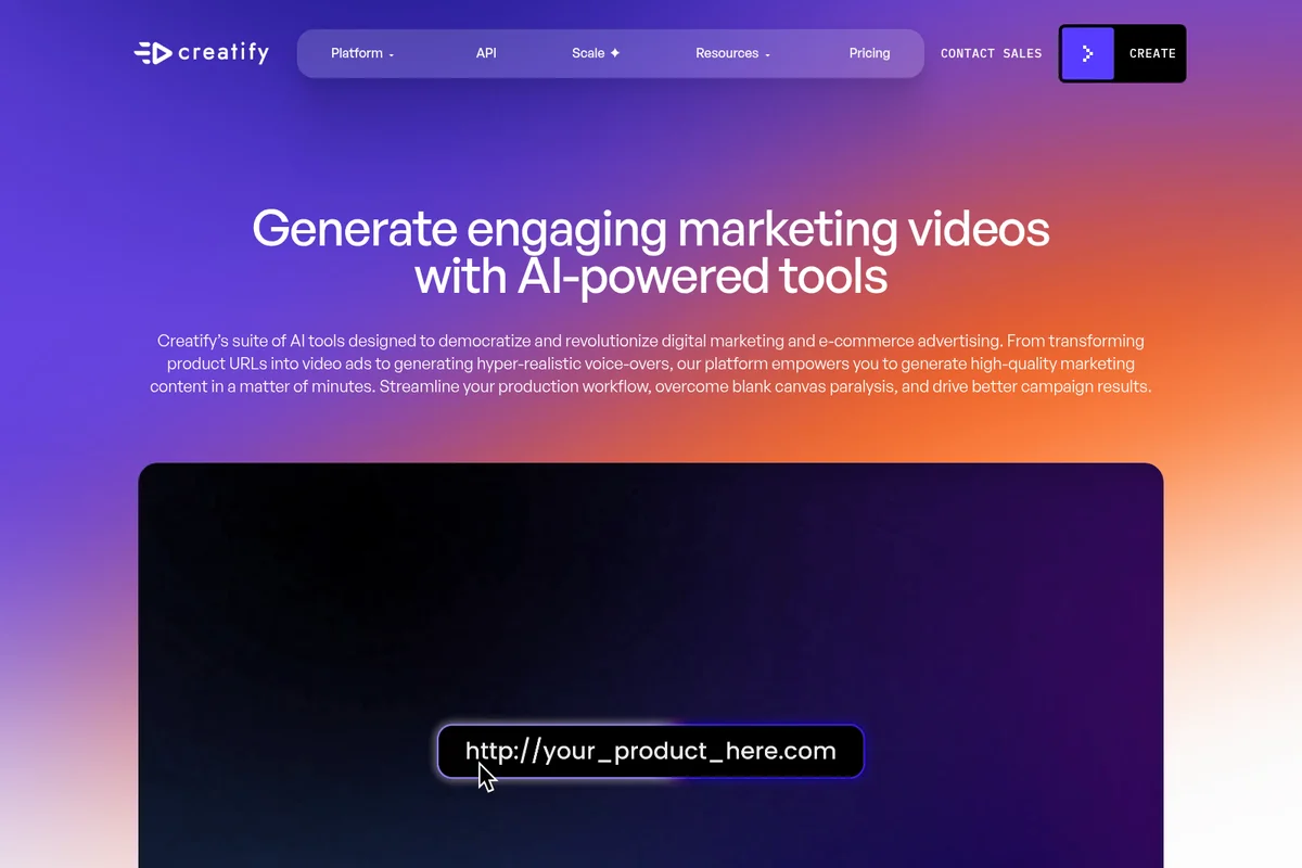 Creatify AI landing page hero section showcasing a URL input field for generating marketing videos with a modern gradient background and dark interface elements.
