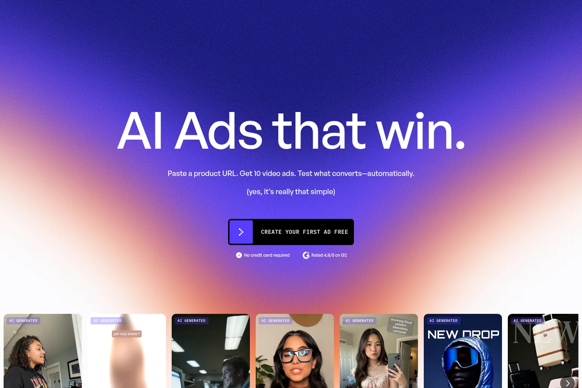 Creatify-AI homepage hero promoting AI-generated video ads with a modern gradient background and output examples.