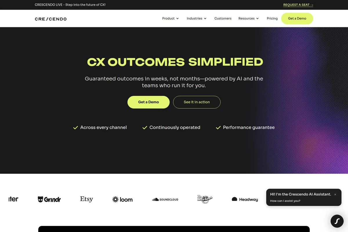 Crescendo landing-hero showcasing simplified CX outcomes with a dark-mode modern interface.