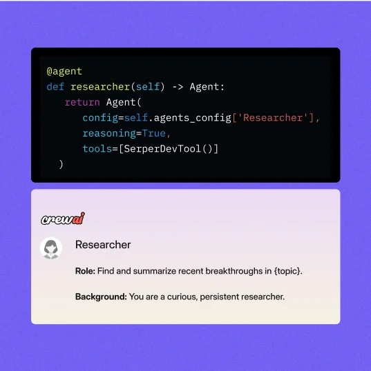 crewai agent definition showing Python code and a role configuration card for a 'Researcher' agent.