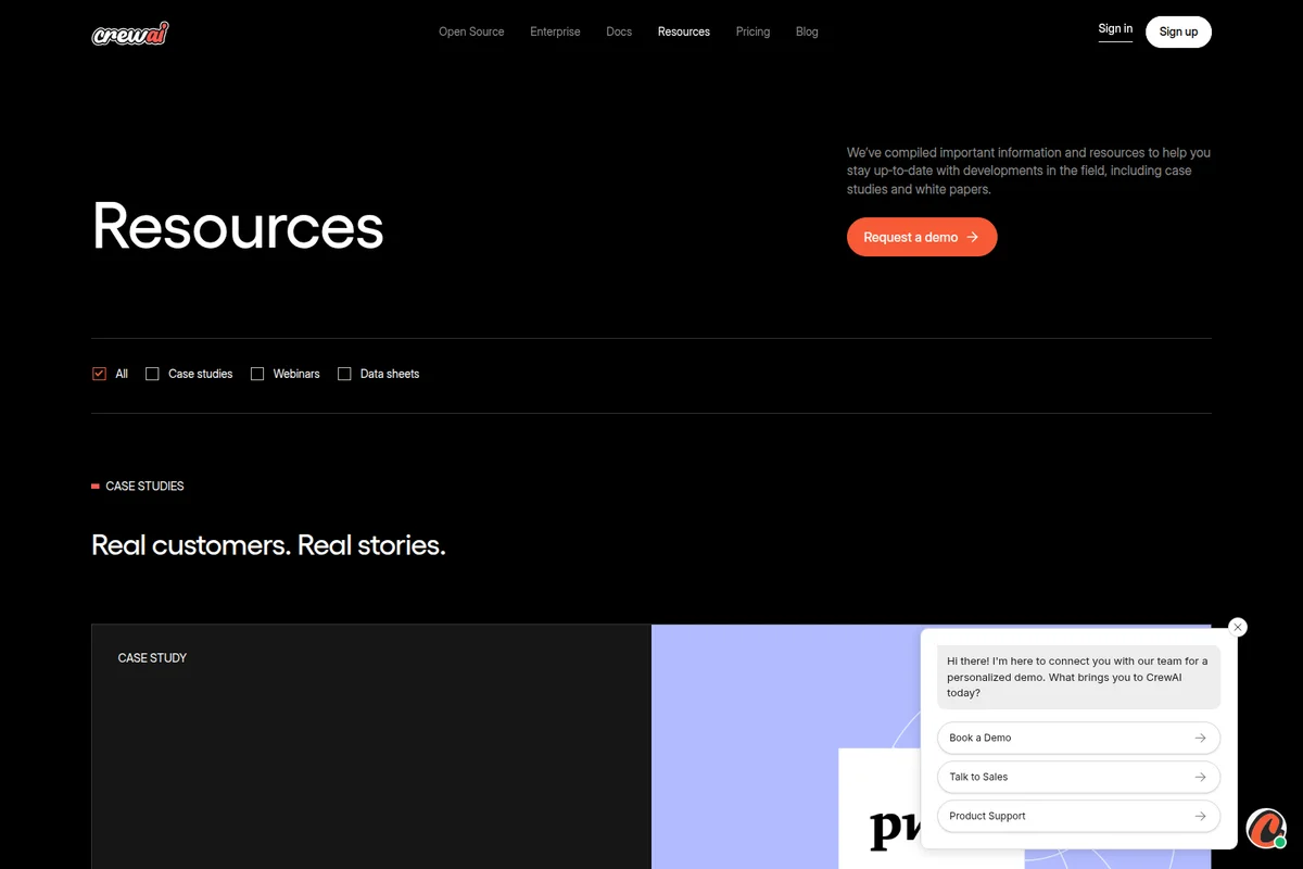 crewai resources page showing filters for content types, a demo request button, and a list of case studies with a modern dark theme.