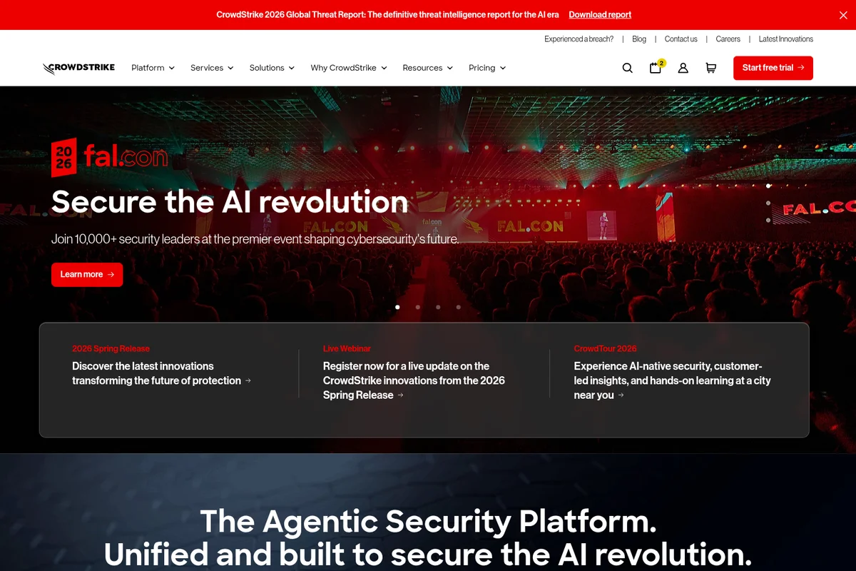 CrowdStrike Falcon homepage hero promoting the FAL.CON event and AI security with a dark-themed modern interface.