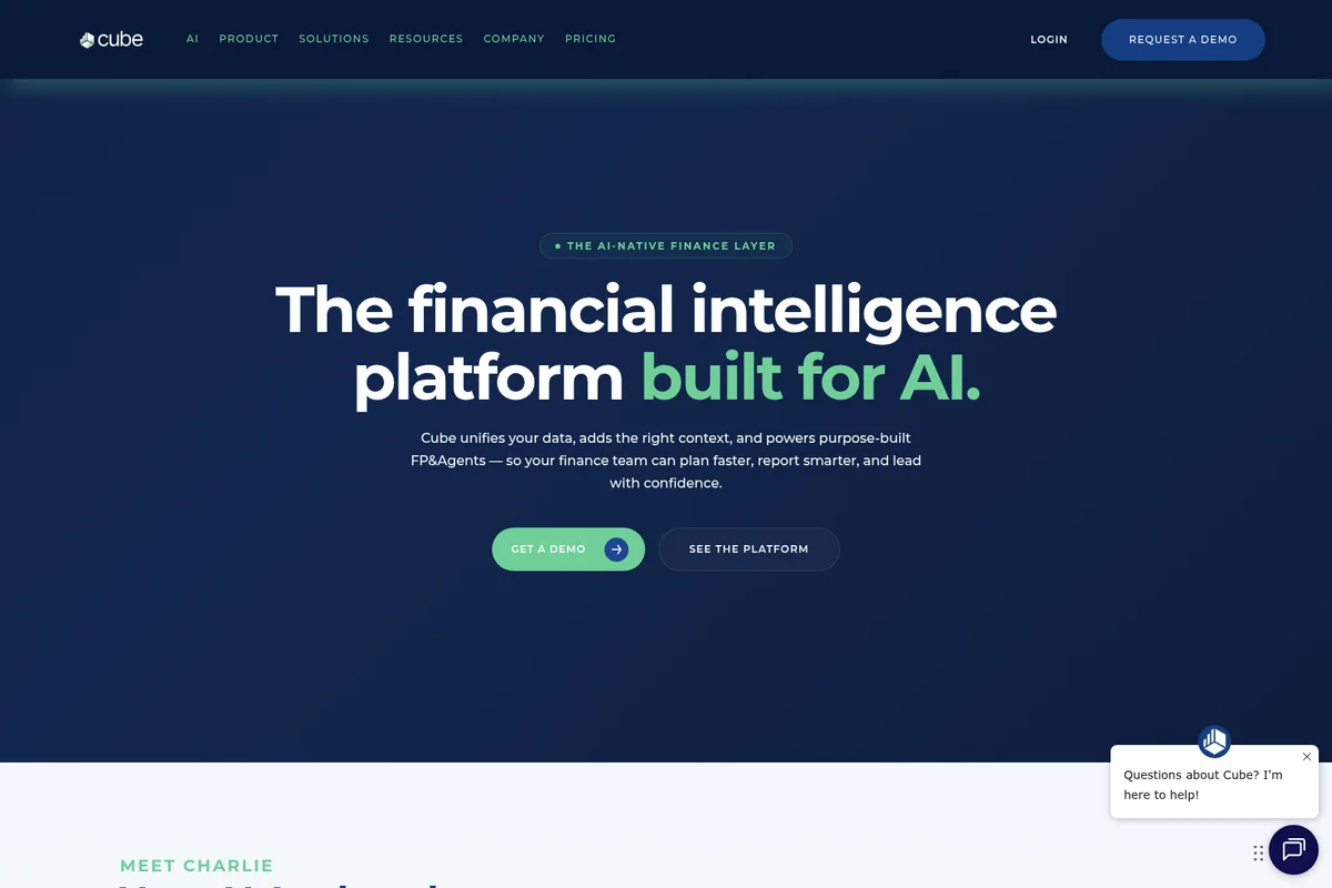 Cube AI landing page displaying 'The financial intelligence platform built for AI' with a dark gradient aesthetic.
