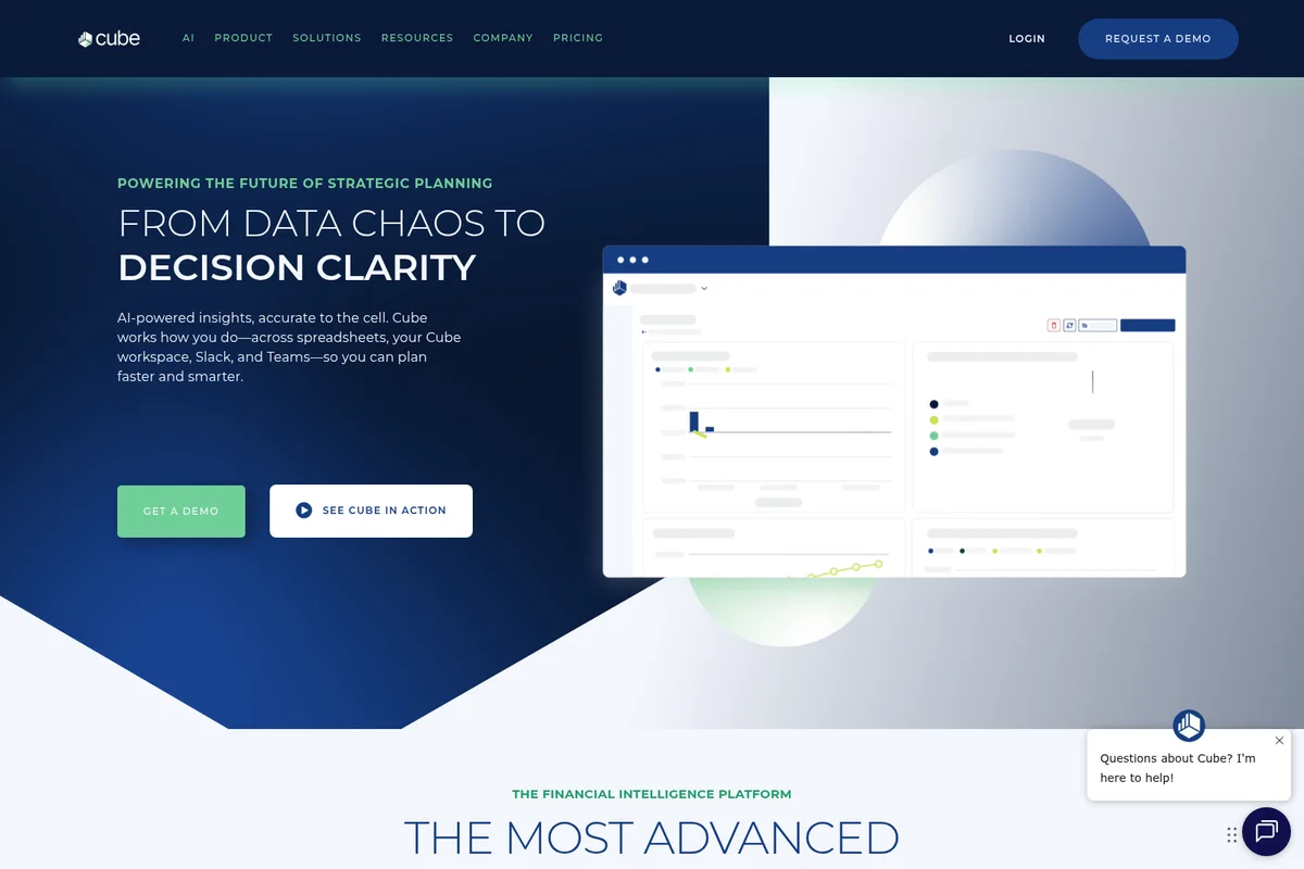 Cube homepage hero section displaying a strategic planning dashboard with data visualizations and clean, modern design for decision clarity.