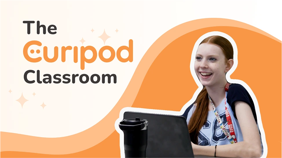 Curipod landing page graphic showing a smiling student with a laptop in a bright, friendly classroom setting.
