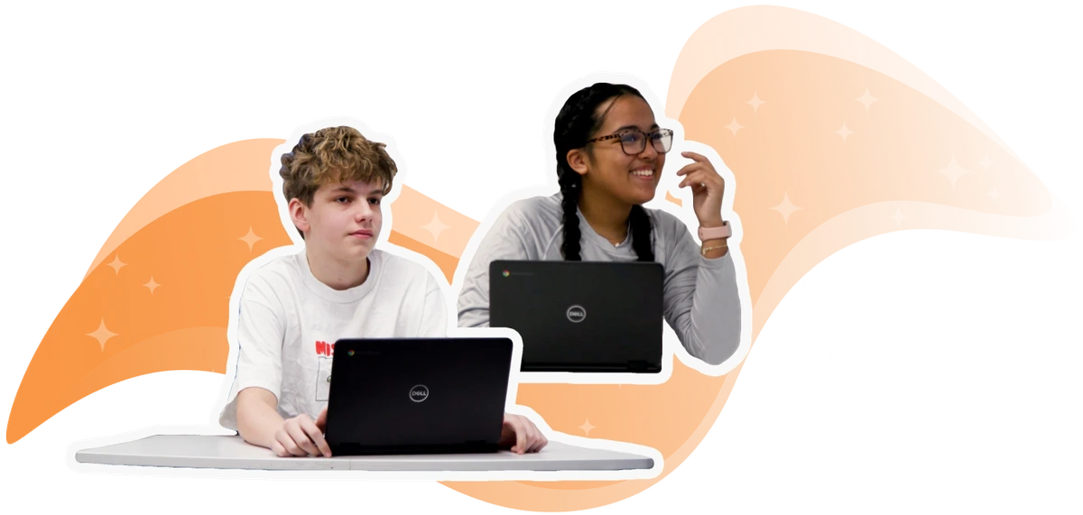 Curipod marketing image showing two students using laptops in a bright and engaging educational setting.