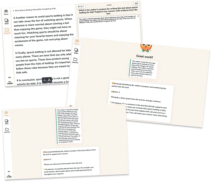 Curipod workspace showing student answer evaluation and detailed feedback for reading comprehension in a clean, multi-window interface.