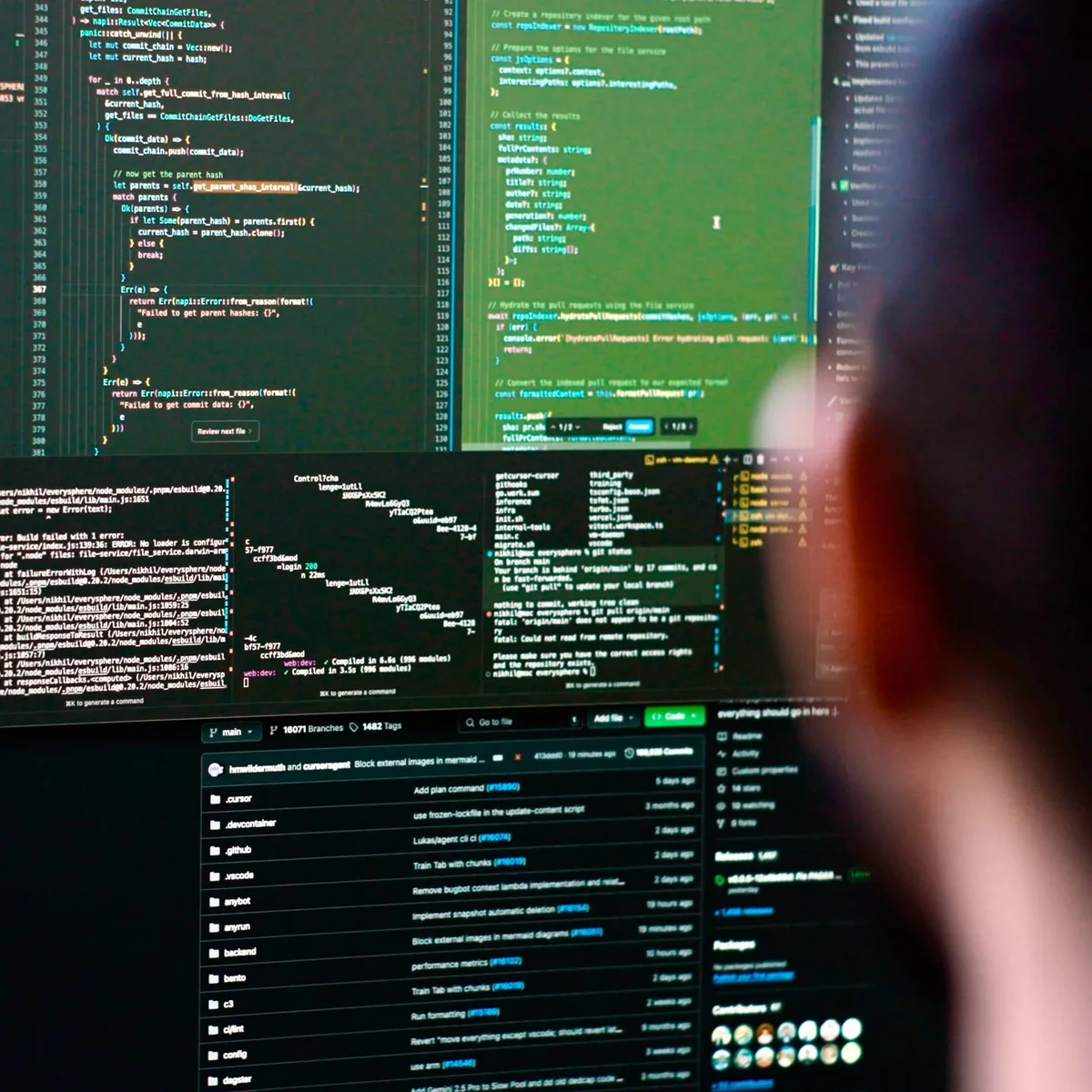 Cursor AI-powered code editor workspace showing multi-pane UI with Python and JavaScript code, file explorer, and Git history in a dark-mode theme.