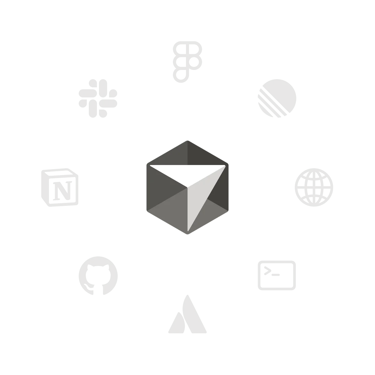 Cursor ecosystem concept showing a central polygonal icon surrounded by various application icons in a dark theme.