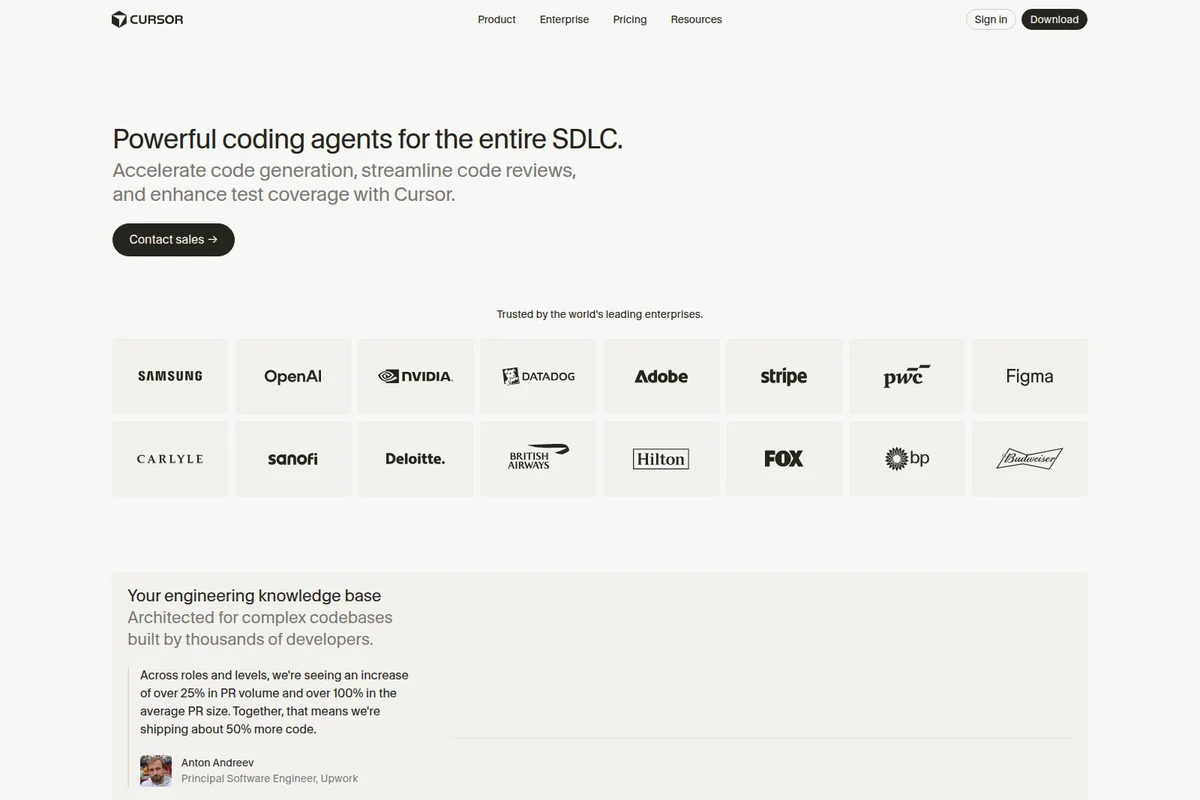 Cursor enterprise landing page showcasing powerful AI coding agents and trust from leading enterprises with a clean, minimalist design.
